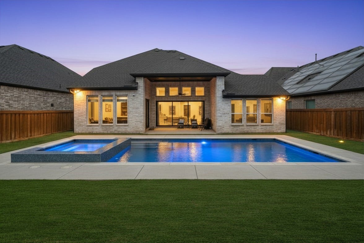 The oversized backyard offers ample space for a custom pool and spa, creating the perfect opportunity to design your own private outdoor retreat. This is a digitally create image.