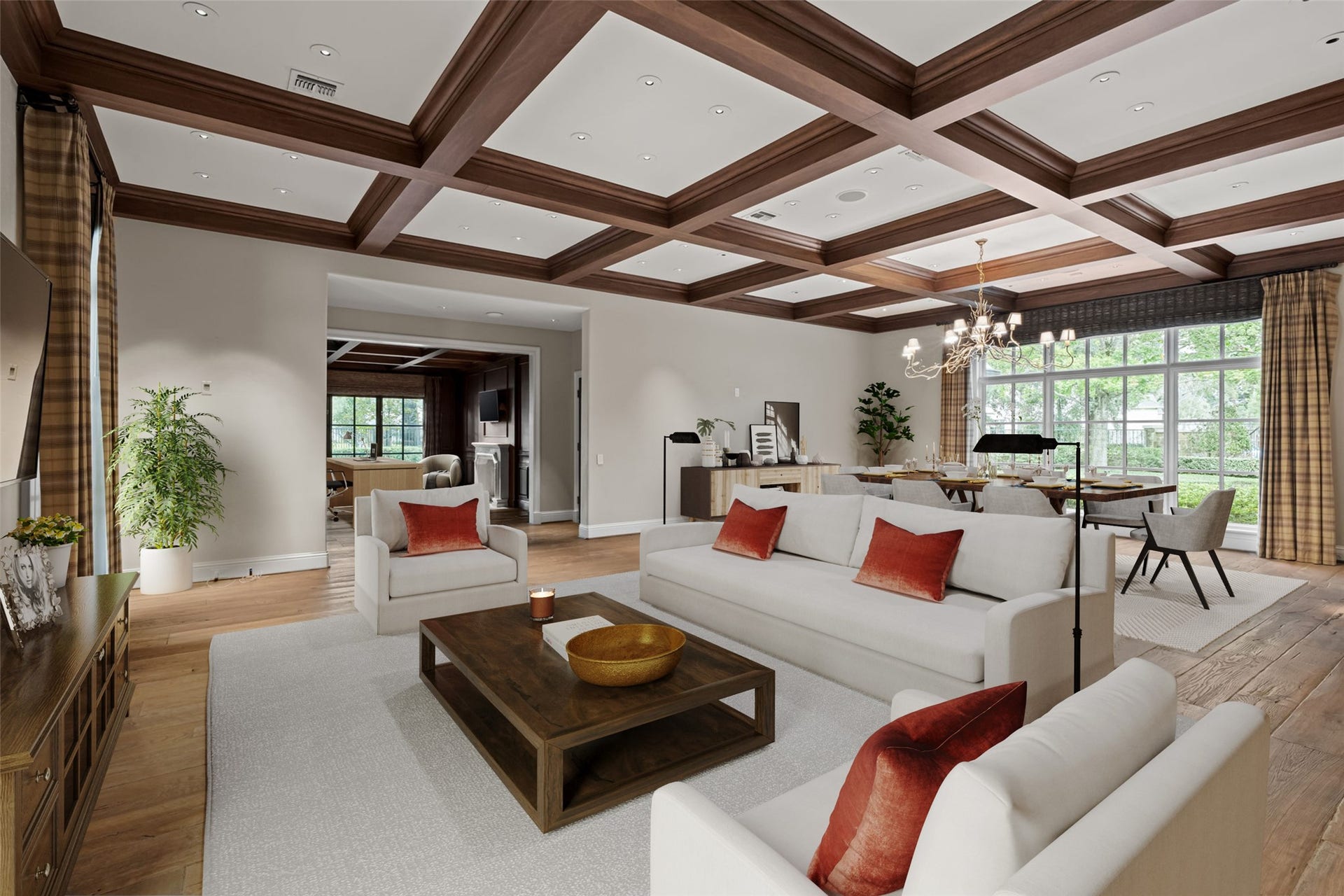 1 Gage Court, Houston, TX 77024 The game room features hand-scraped French white oak hardwood flooring beneath a richly detailed beamed ceiling. Generous proportions and expansive windows make the space well suited for multiple seating and entertainment areas. (digitally staged)