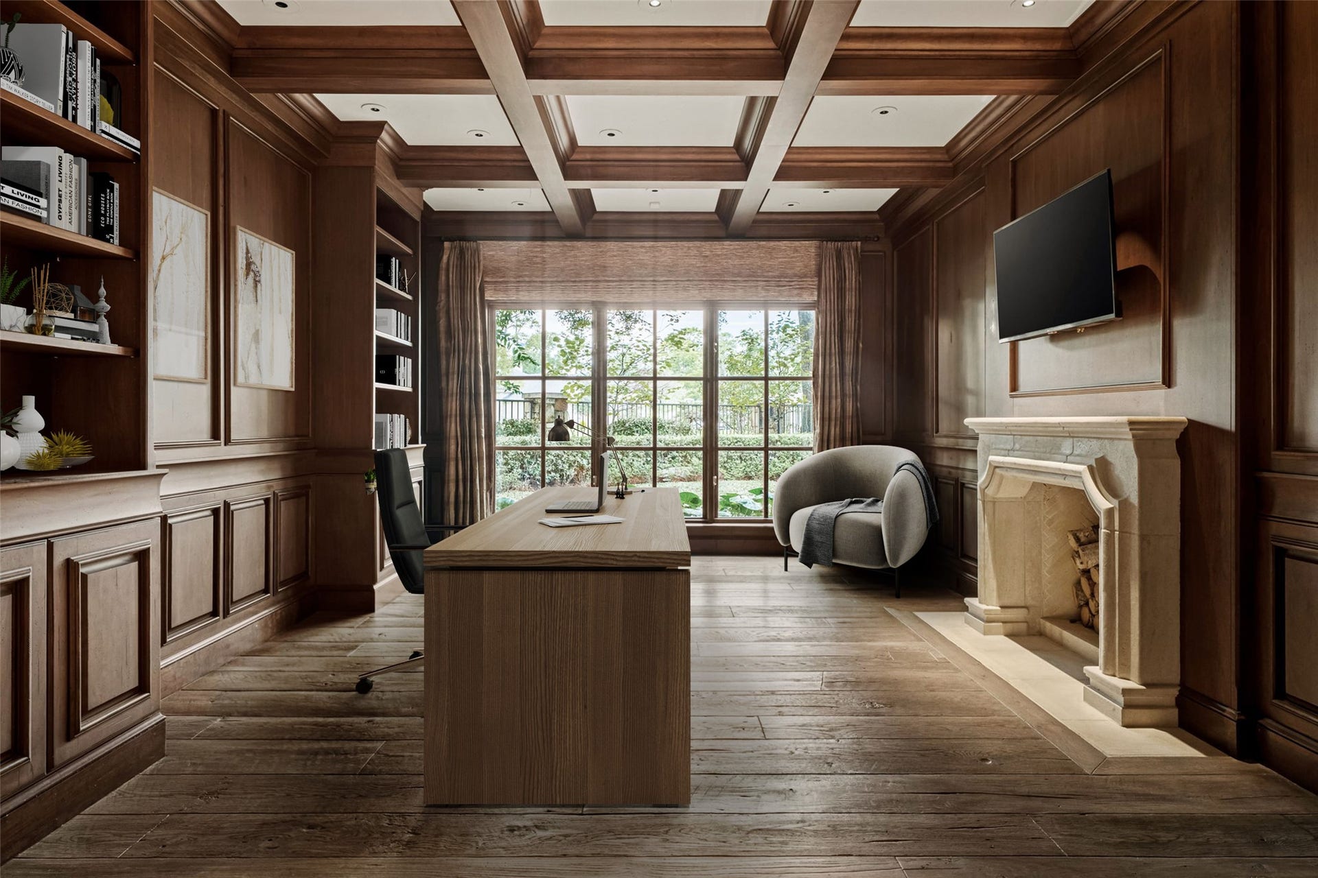 1 Gage Court, Houston, TX 77024 The library is finished with rich wood paneling, custom built-ins and hand-scraped French white oak flooring laid in a Versailles pattern. A central worktable and stone fireplace reinforce the rooms tailored, old-world character. (digitally staged)