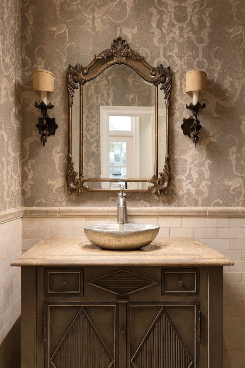 1 Gage Court, Houston, TX 77024 The half bath serving the game room features a furniture-style vanity with marble countertop, vessel sink and an antique mirror framed by wall sconces. Marble tile wainscoting and hand-painted Rusty Arena wallpaper add distinctive detail to the intimate space.