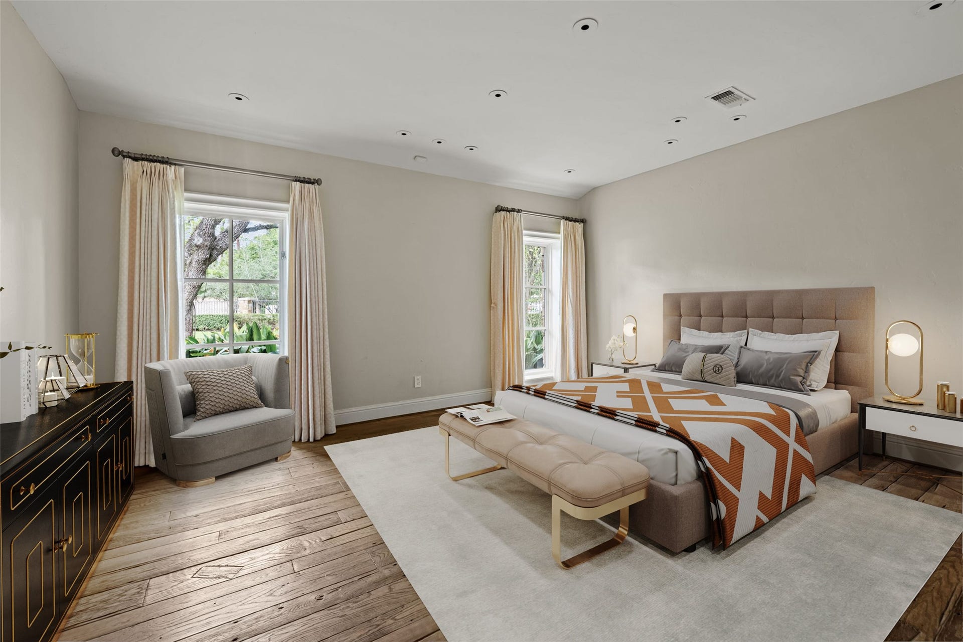 1 Gage Court, Houston, TX 77024 This secondary bedroom continues the homes hand-scraped French white oak flooring and custom window treatments. A private en-suite bath and generous natural light make it well suited for guests or family (digitally staged).
