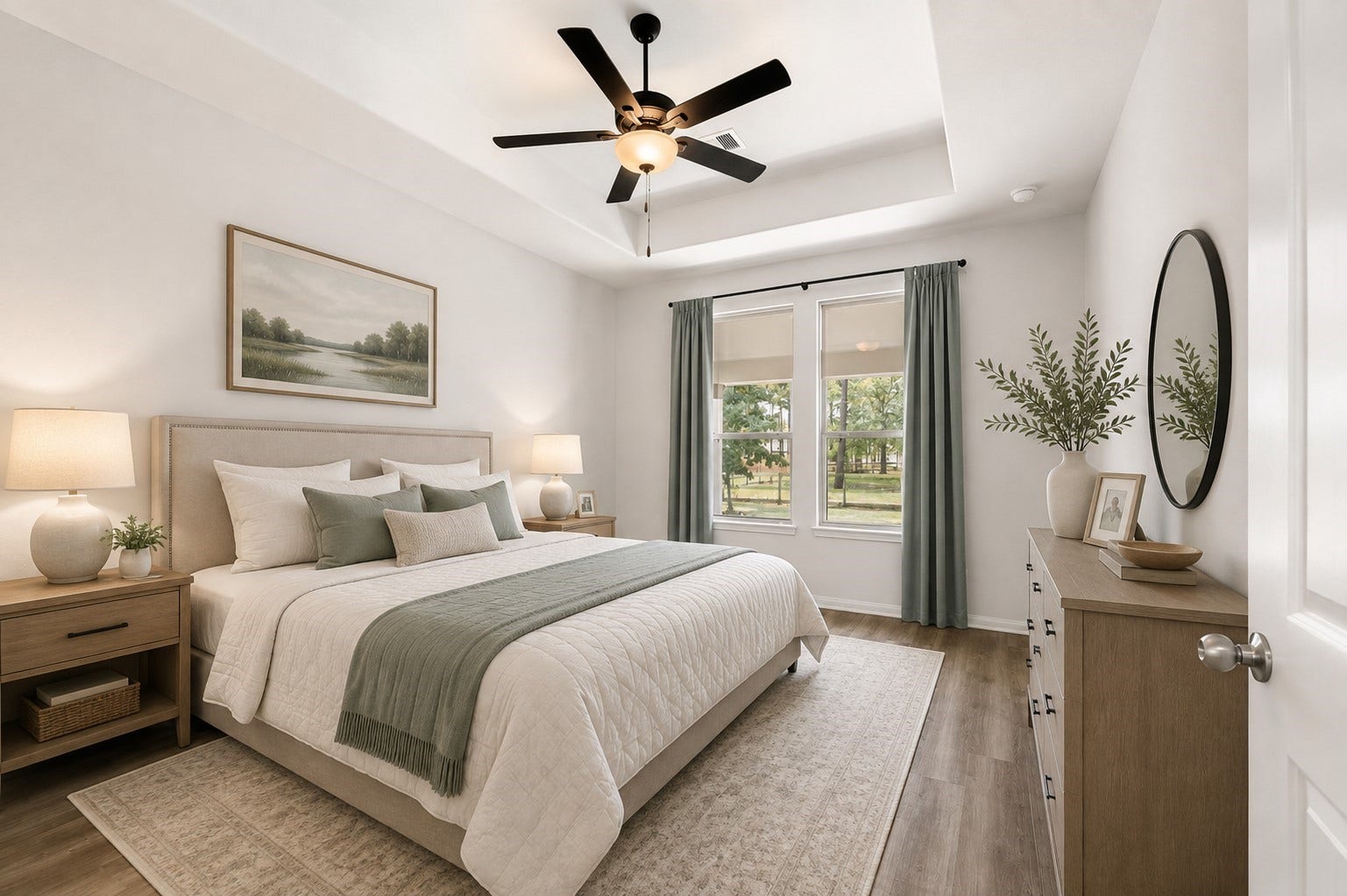 13432 Maverick Trail Road, Conroe, TX 77303 Elegant 1st floor primary bedroom with large windows offering natural light and serene views.