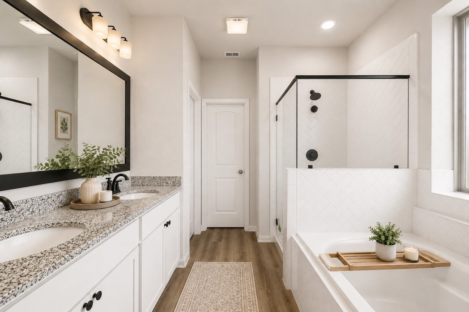 13432 Maverick Trail Road, Conroe, TX 77303 Primary bathroom showcases granite countertops, a sleek glass-enclosed shower, and a relaxing bathtub with modern fixtures.