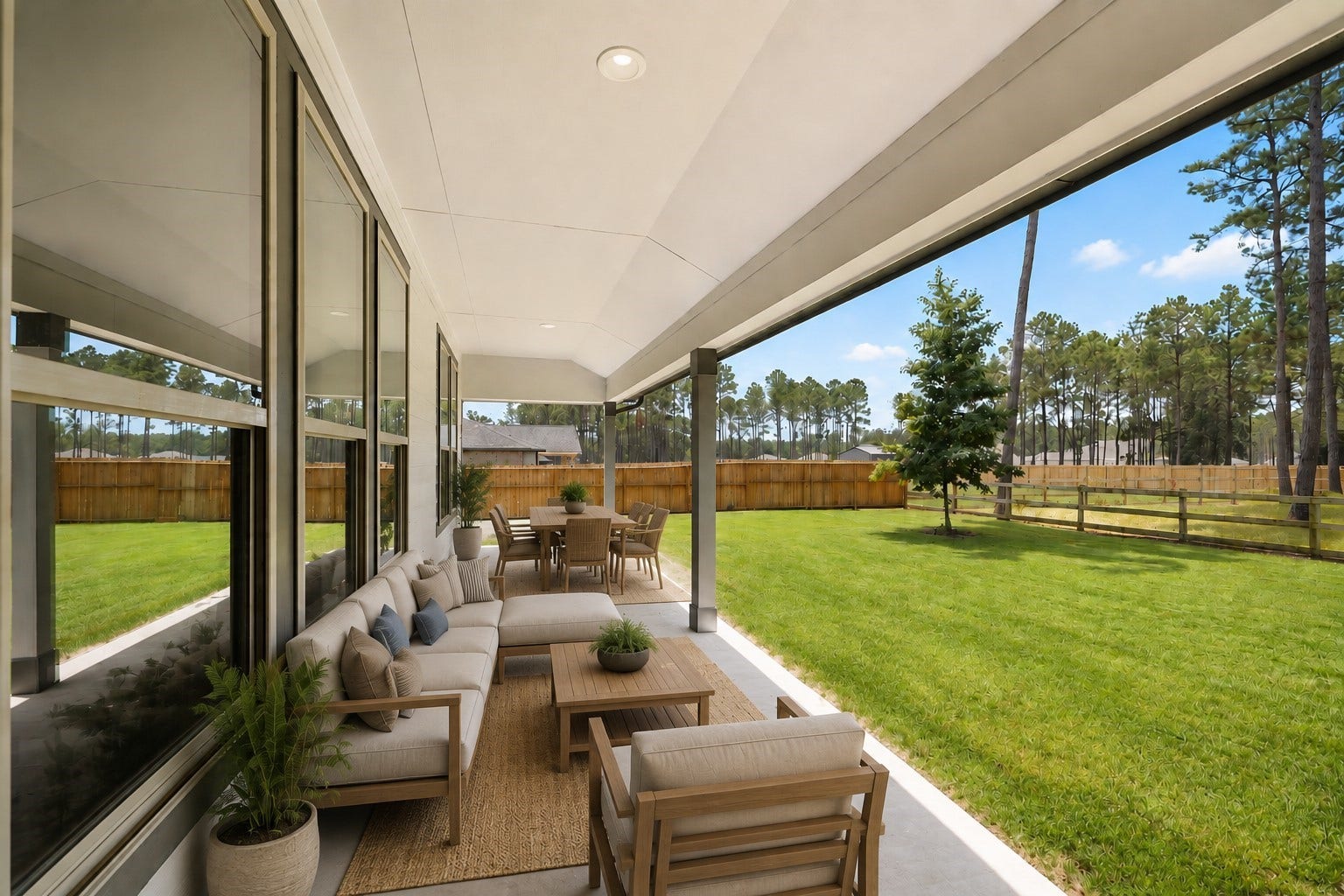 13432 Maverick Trail Road, Conroe, TX 77303 Spacious covered patio overlooking a lush, fenced backyard perfect for relaxation and outdoor activities. *Virtually staged