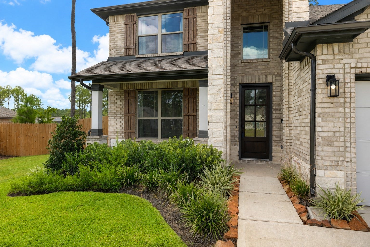 13432 Maverick Trail Road, Conroe, TX 77303 Charming brick exterior with rustic shutters and a welcoming front entrance, complemented by lush landscaping to welcome you home.