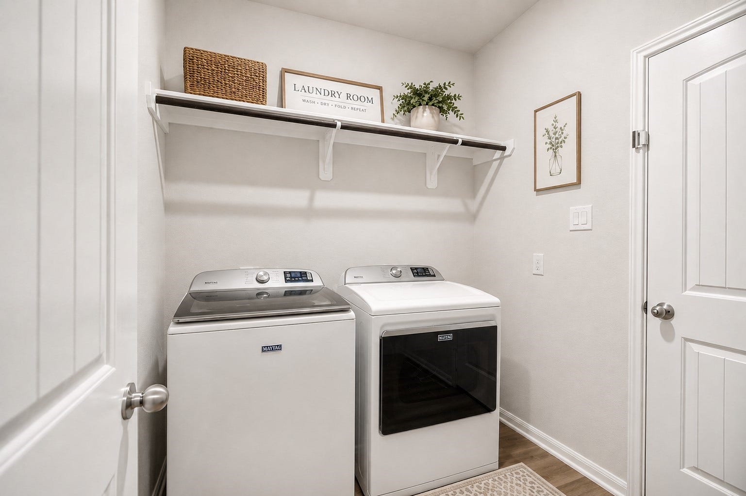13432 Maverick Trail Road, Conroe, TX 77303 Bright and efficient laundry room featuring modern appliances, open shelving for storage. (washer/dryer can stay if you prefer.)