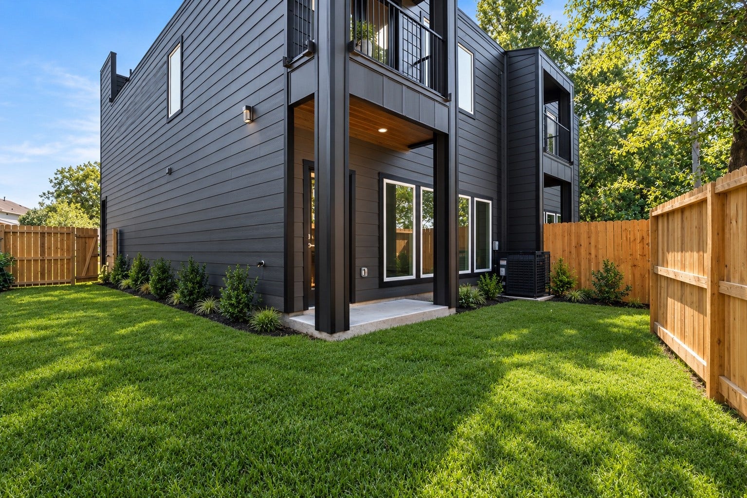 5629 Malmedy Road, Houston, TX 77033 Sleek modern home with striking black exterior, featuring a private, fenced backyard with lush green lawn and a covered patio area perfect for outdoor relaxation.
*landscaping is AI generated*