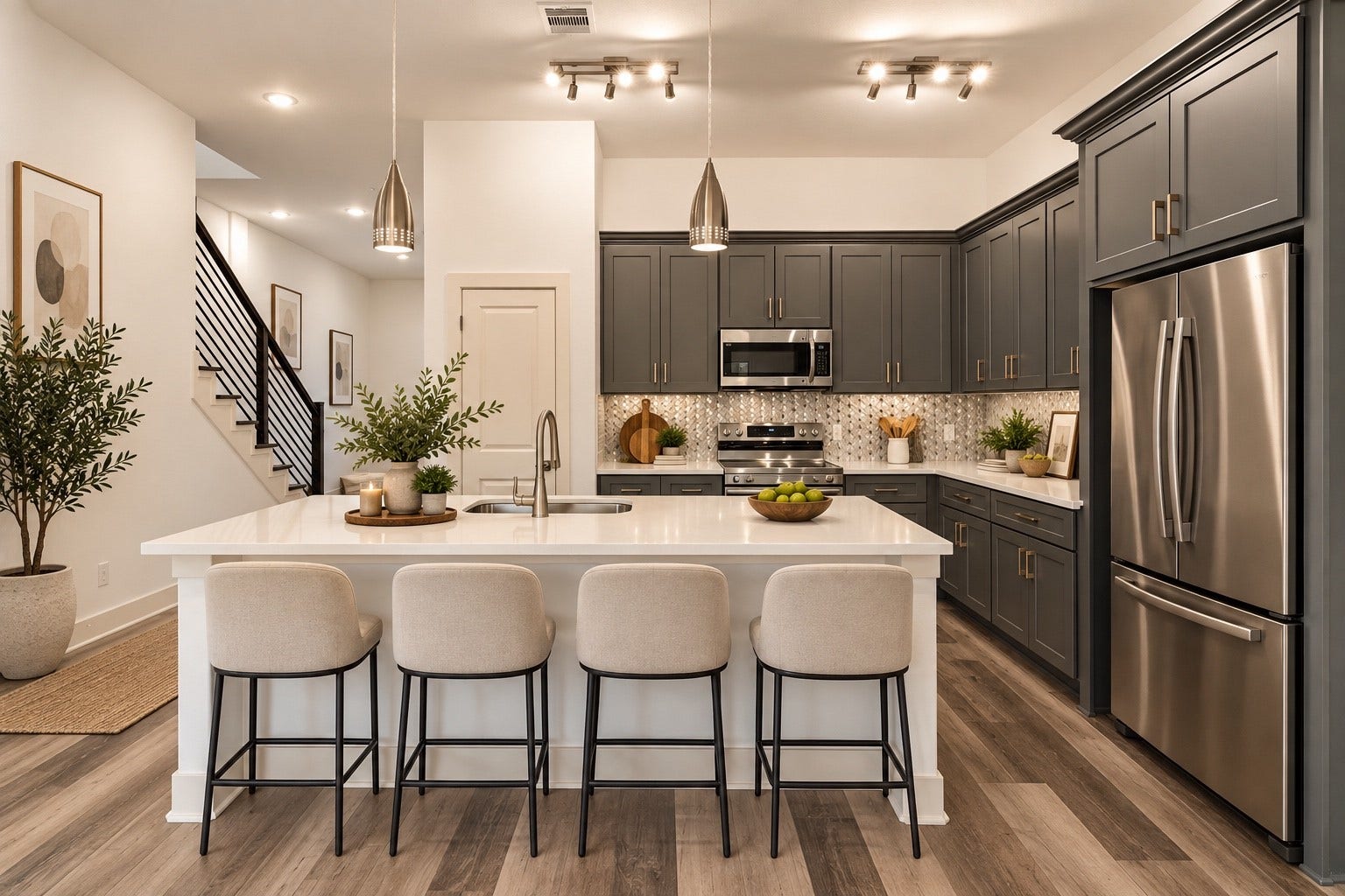 5629 Malmedy Road, Houston, TX 77033 Elegant kitchen with sleek gray cabinetry, stainless steel appliances, and a spacious island perfect for entertaining.
*photo is virtually staged*