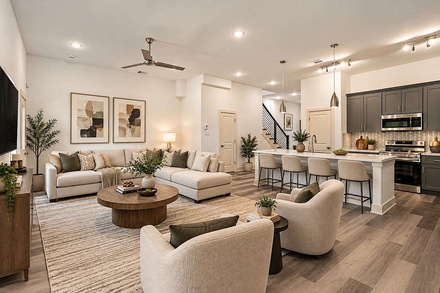 5629 Malmedy Road, Houston, TX 77033 Spacious open-concept living area featuring a modern kitchen with sleek cabinetry, a cozy seating arrangement, and stylish decor, perfect for entertaining or relaxing.
*photo is virtually staged*