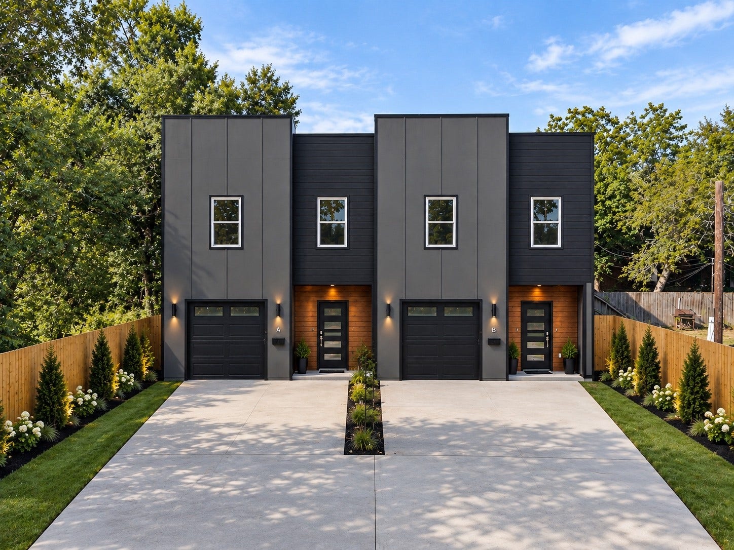 5629 Malmedy Road, Houston, TX 77033 Modern duplex featuring sleek black exterior, large windows, and inviting entryways. The spacious driveway and potential manicured landscaping add to the contemporary appeal.
*this photo is AI edited for landscaping*
