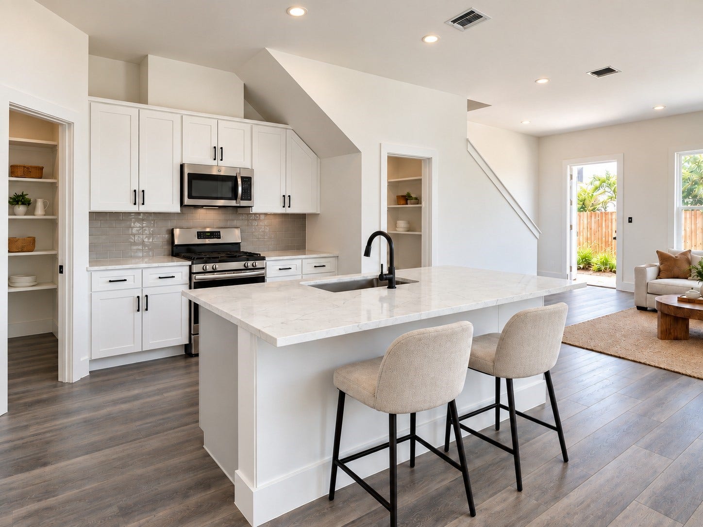 6033 Beall Street, Houston, TX 77091 Experience the beauty of open-concept living in this thoughtfully designed kitchen and adjoining living space. The kitchen showcases white shaker-style cabinetry, stainless steel appliances, a stylish gray tile backsplash, and a generous island with stone-look countertops. Matte black fixtures provide contemporary contrast, while comfortable island seating creates a casual gathering spot. These photos have been virtually rendered for visual reference.