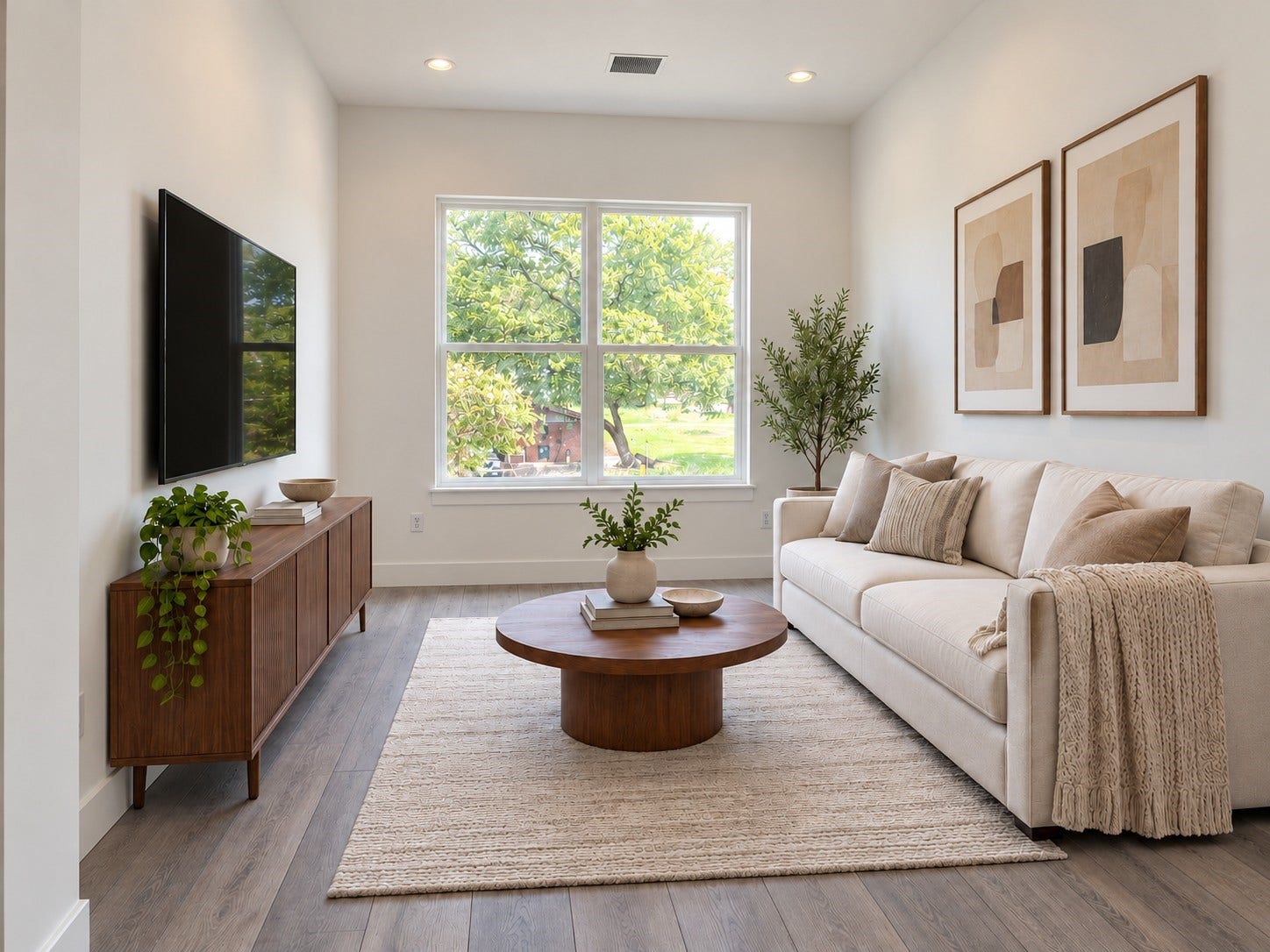 6033 Beall Street, Houston, TX 77091 This beautifully styled living room offers a warm and inviting atmosphere with abundant natural light streaming through a large window. The space features elegant wood-look flooring, crisp white walls, and recessed ceiling lighting. A comfortable neutral sofa, round wooden coffee table, and textured area rug create a cozy gathering space. Contemporary artwork, a sleek wall-mounted television, and a coordinating media console add sophistication. These photos have been virtually rendered for visual reference.