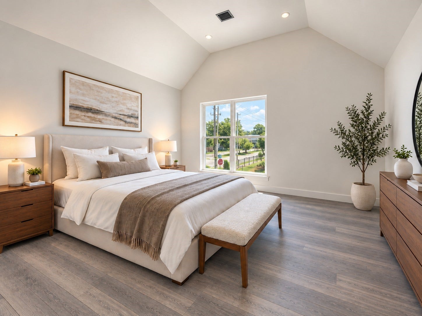 6033 Beall Street, Houston, TX 77091 Retreat to this stunning primary bedroom featuring an elegant vaulted ceiling, beautiful wood-look flooring, and abundant natural light from a large window. The spacious layout accommodates a luxurious upholstered bed, coordinating wooden nightstands, a comfortable bench, and a stylish dresser. Soft neutral bedding, warm lighting, and tasteful artwork create a relaxing atmosphere. These photos have been virtually rendered for visual reference.