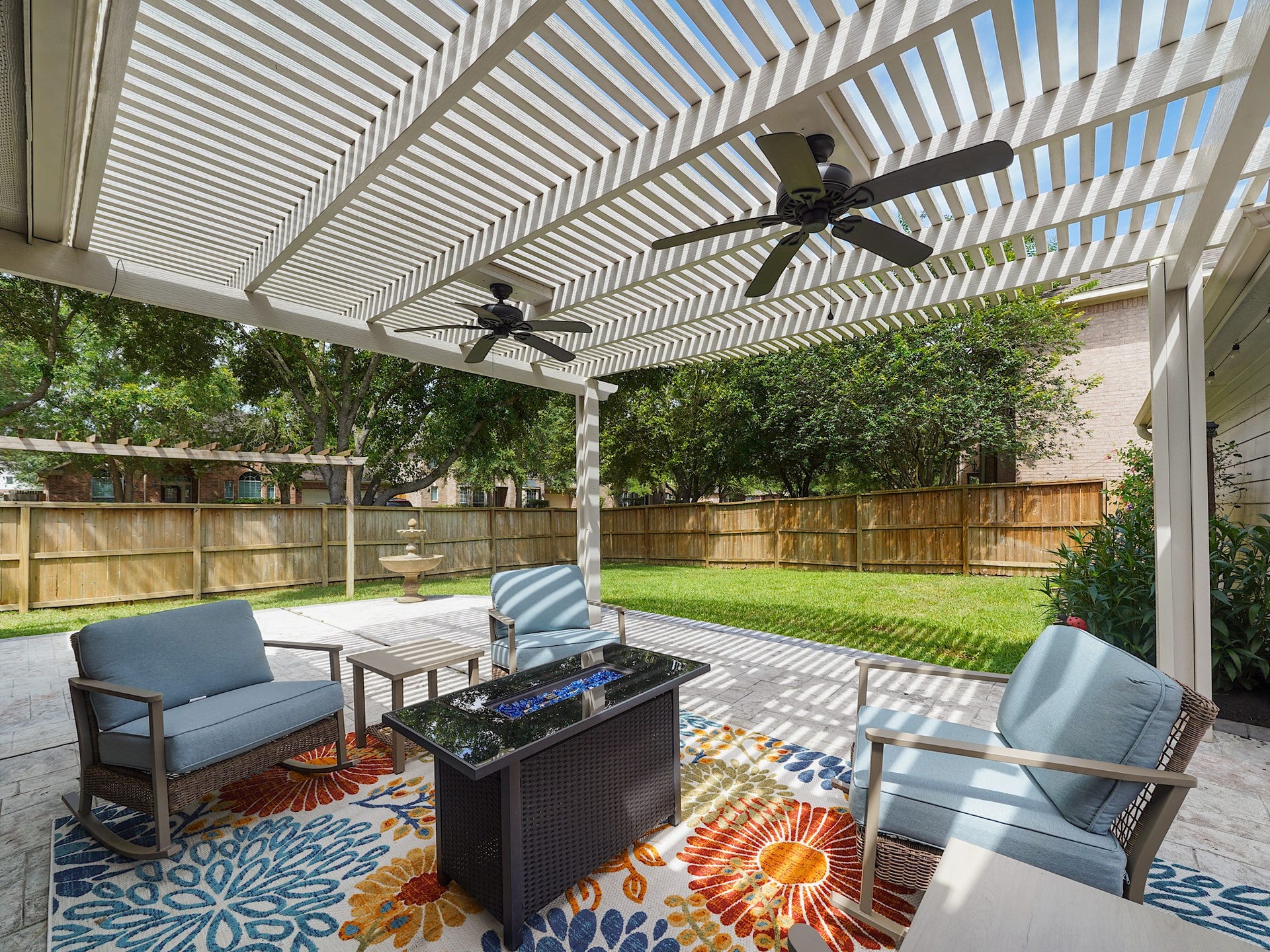 26214 Seminole Hill Lane, Katy, TX 77494 Step outside to an impressive covered patio where ceiling fans, generous seating space, and backyard views create the perfect setting for year-round enjoyment.