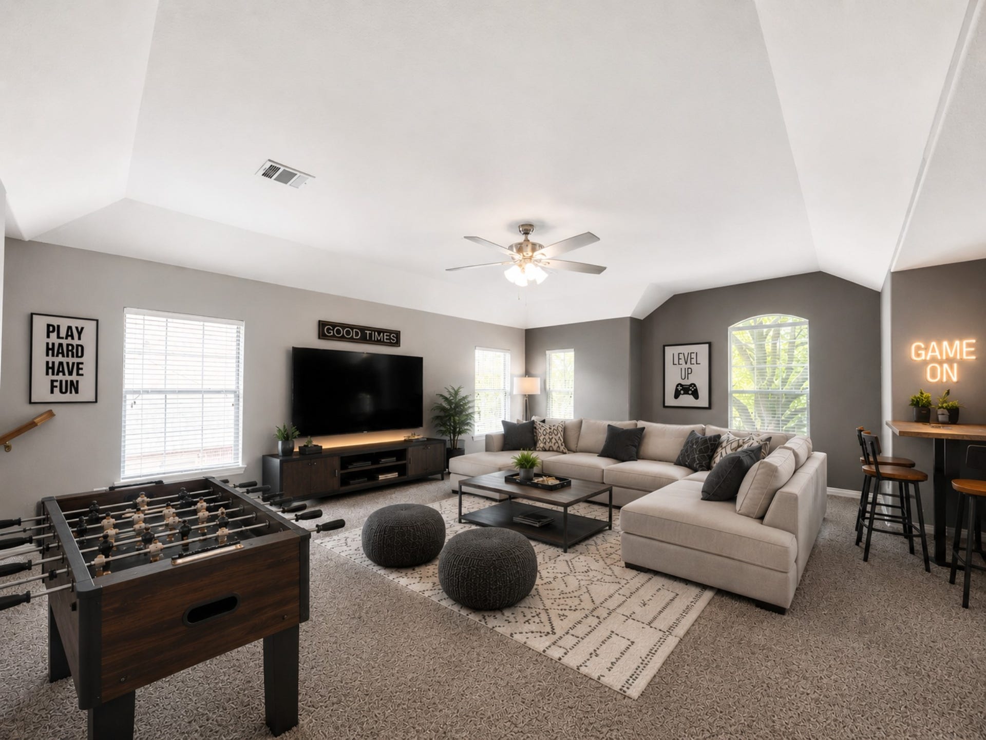 26214 Seminole Hill Lane, Katy, TX 77494 Virtually staged game room:Upstairs, discover an expansive game room with endless possibilities for movie nights, game days, and gathering with family and friends.