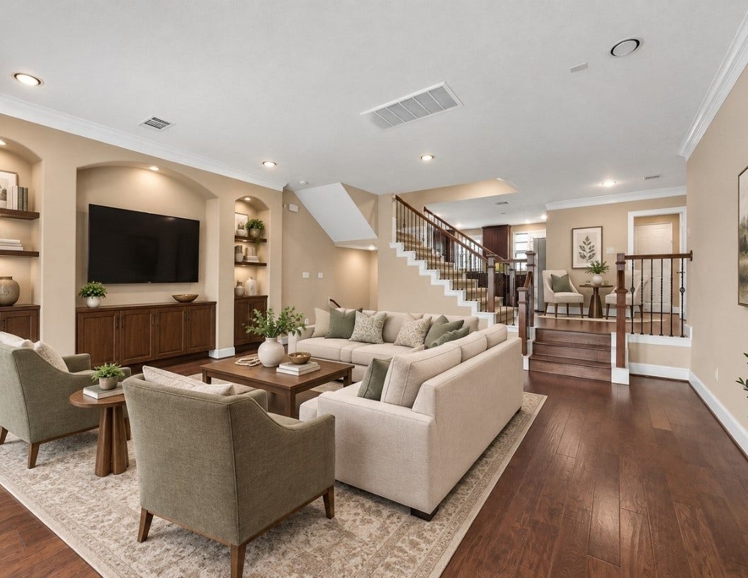 905 Garden Oaks Trace, Houston, TX 77018 Virtually Staged for Suggestion - The living area is open to the kitchen and the eating area.
