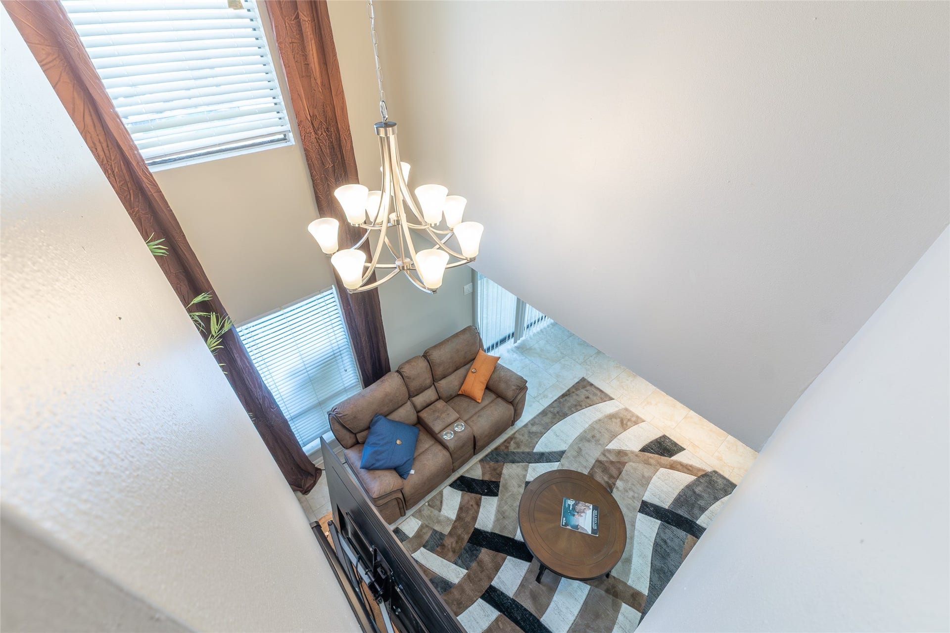 living room and chandelier from above