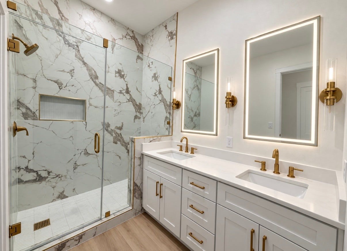 13807 Longview, Houston, TX 77015 Luxurious primary suite bathroom featuring a spacious walk-in shower with elegant gold fixtures, dual vanities, and LED mirrors, creating a sophisticated spa-like retreat.