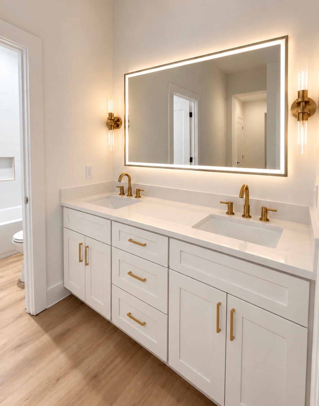 13807 Longview, Houston, TX 77015 Second full bathroom offers double vanities and sophisticated LED mirror.