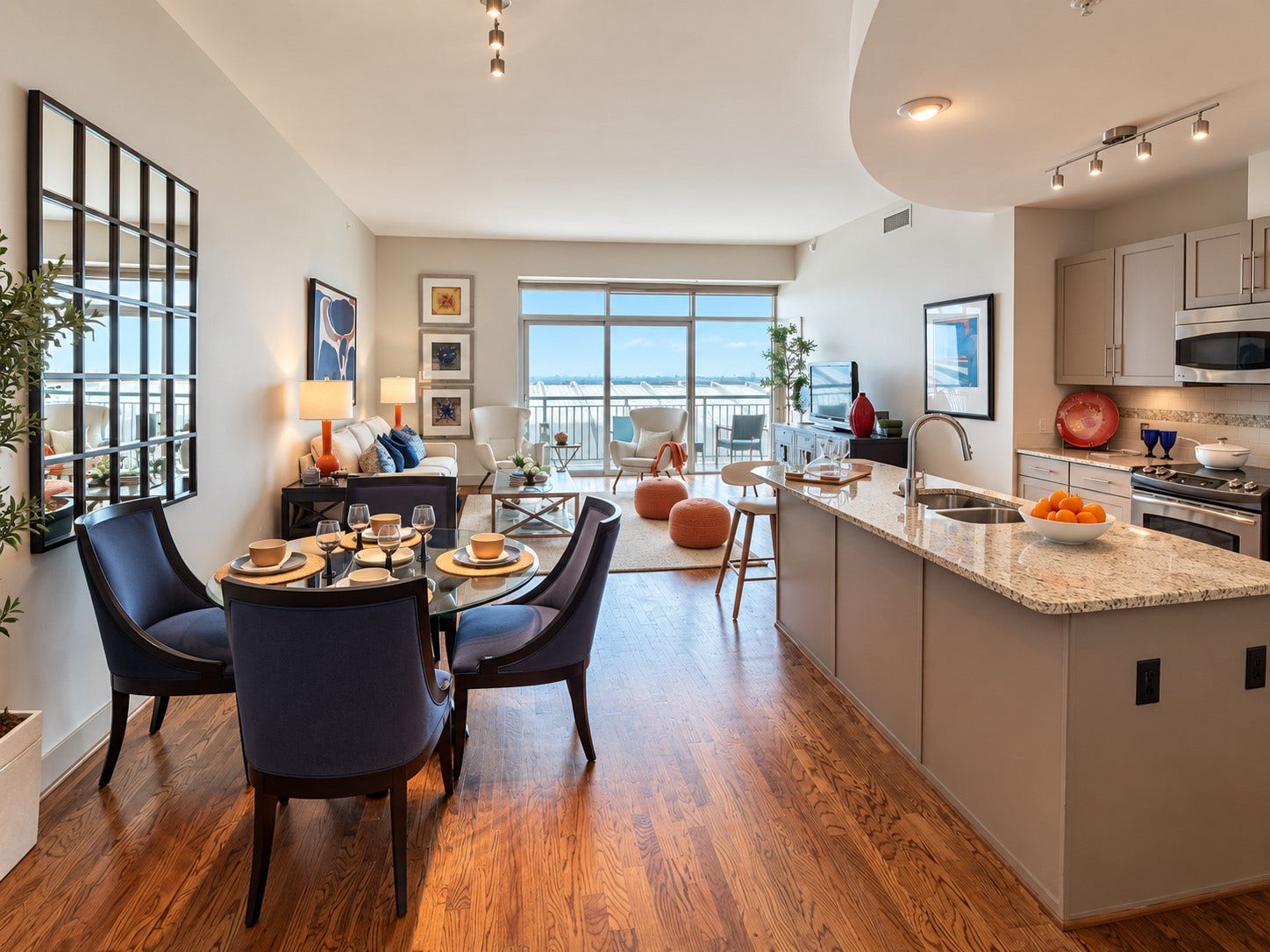 1400 McKinney Street, #1309, Houston, TX 77010 This is the kind of layout that makes entertaining feel effortless. Dinner at the table can turn into drinks in the living room and eventually a night out on the balcony, all without ever feeling disconnected.