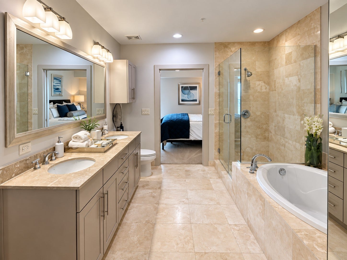 1400 McKinney Street, #1309, Houston, TX 77010 This is where busy mornings and quiet evenings both feel better. With a spacious double vanity, walk-in shower and soaking tub, the primary bath gives you room to slow down and enjoy your routine.
