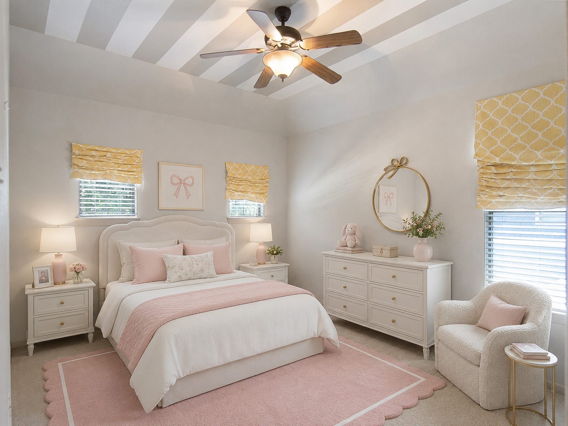 Virtually staged bedroom with designer painted ceiling.