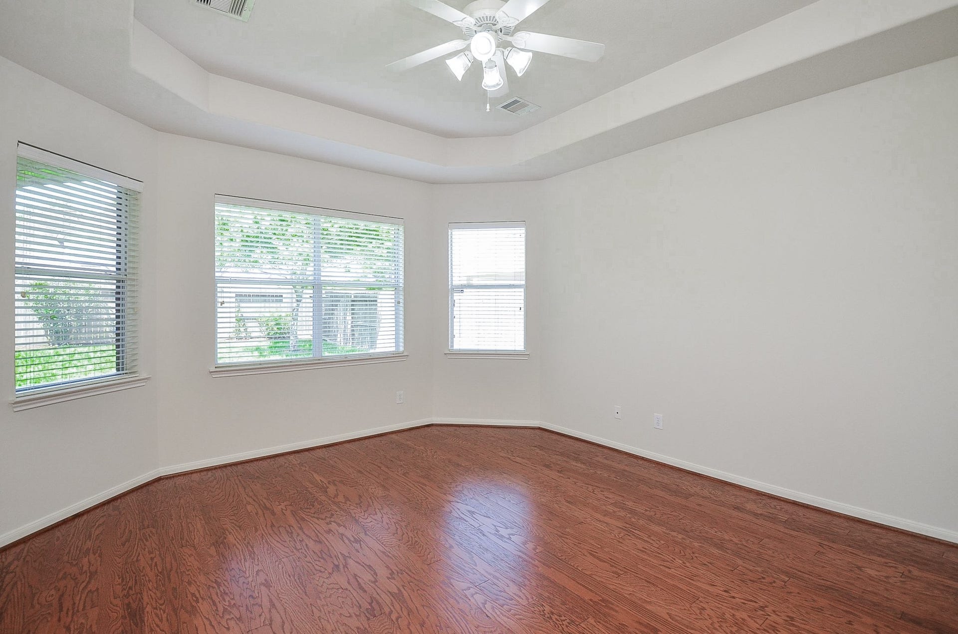 4746 Autumn Orchard Lane, Katy, TX 77494 Experience the elegance of primary room, featuring a grand entrance with a stunning arched window and tray ceiling, welcoming you with warmth and style.