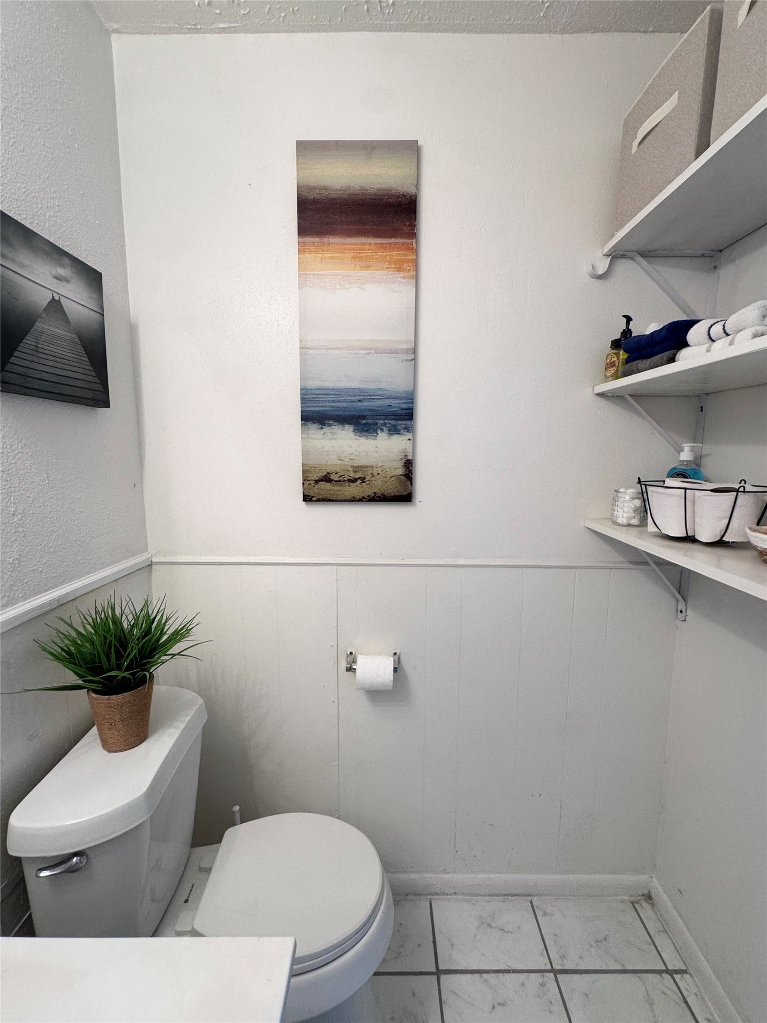 There is built-in shelving for additional storage.