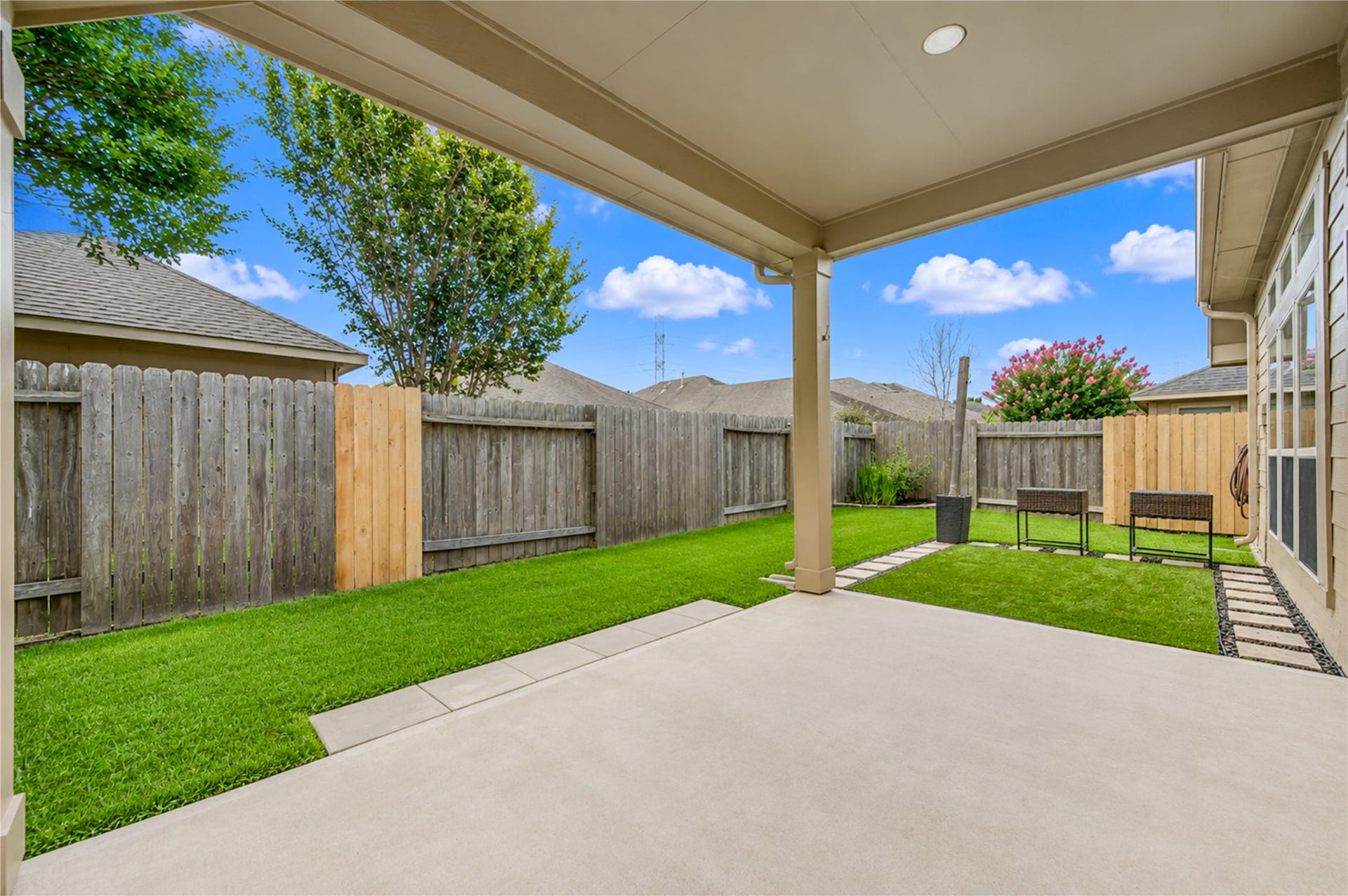 27407 Gatlin Lane, Spring, TX 77386 Covered patio overlooks a spacious, fenced backyard ideal for outdoor dining and relaxing. Indoor-outdoor living at its finest.