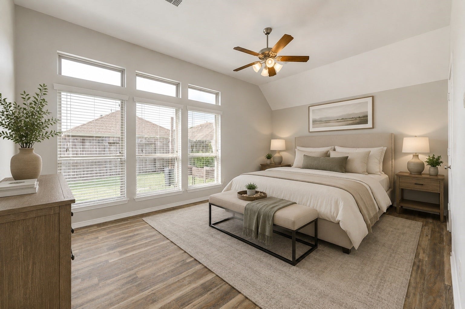 27407 Gatlin Lane, Spring, TX 77386 Spacious primary bedroom with a calming, neutral palette and generous natural light; furnishings shown are virtually staged. A true sanctuary ready to be made your own.