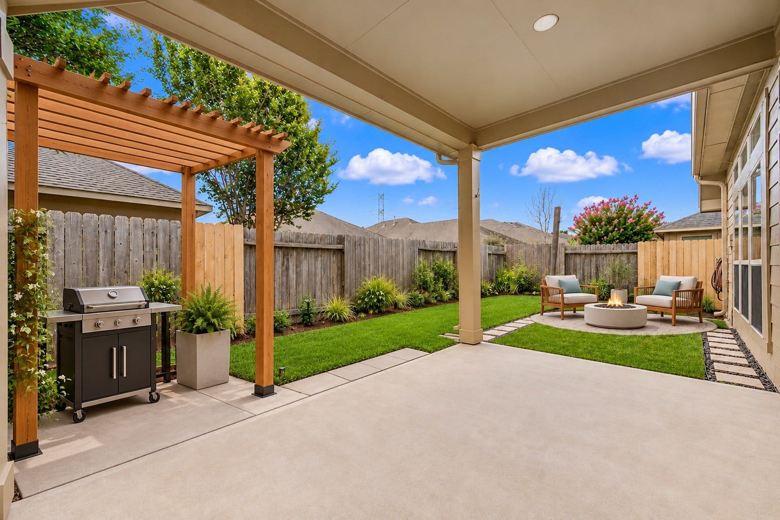 27407 Gatlin Lane, Spring, TX 77386 Virtually staged rendering illustrates the backyard's potential with a pergola and seating area. Note: this is a digital rendering/virtual staging concept, not an actual photo of current conditions.