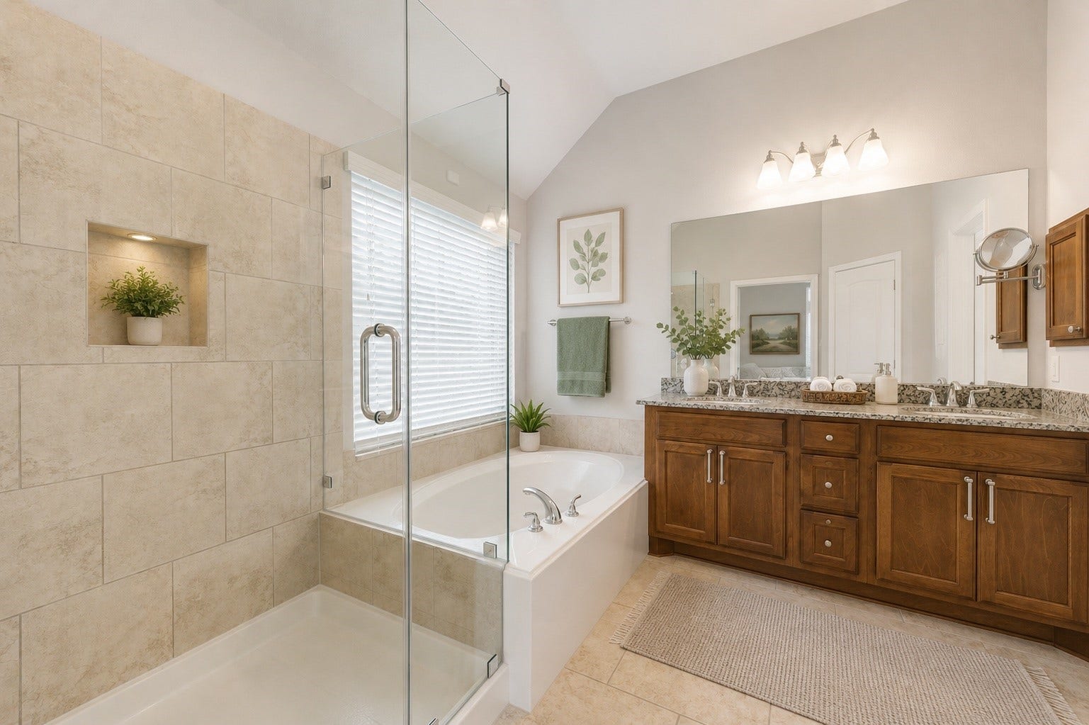 27407 Gatlin Lane, Spring, TX 77386 Spa-like bathroom featuring a glass-enclosed shower and soaking tub. Unwind in style after a long day.