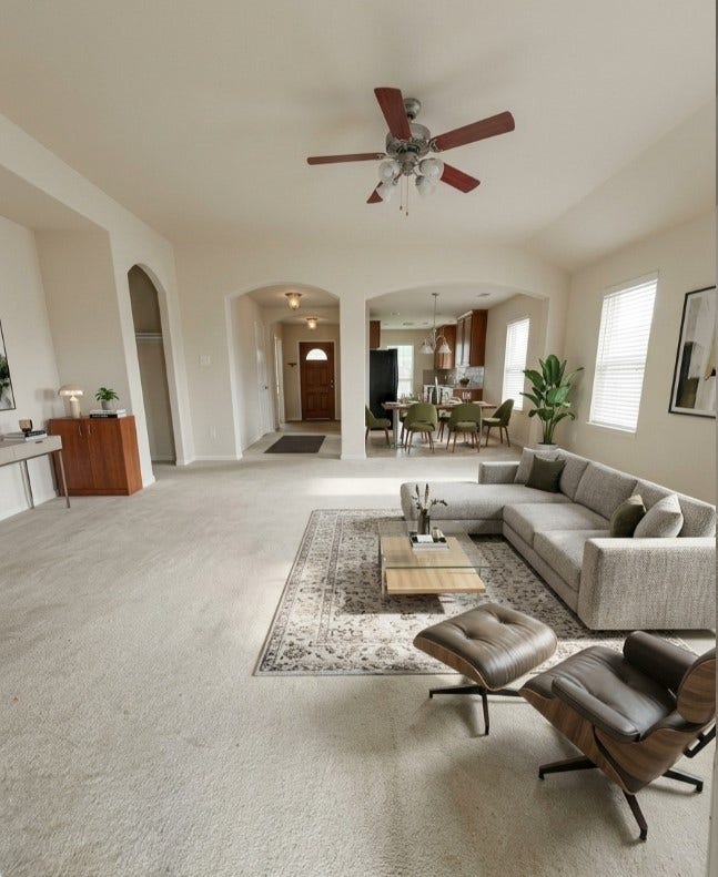 21723 Saragosa Pond Lane, Spring, TX 77379 Spacious living room with elegant virtual staging, highlighting its potential for comfort and style.