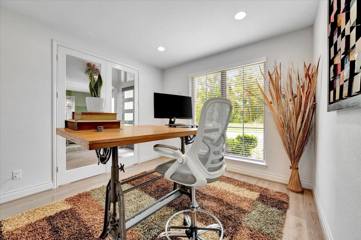 12218 Hickory Arroyo Drive, Humble, TX 77346 Discover a bright and inviting private office space, perfect for productivity and focus, featuring large windows that offer serene garden views.