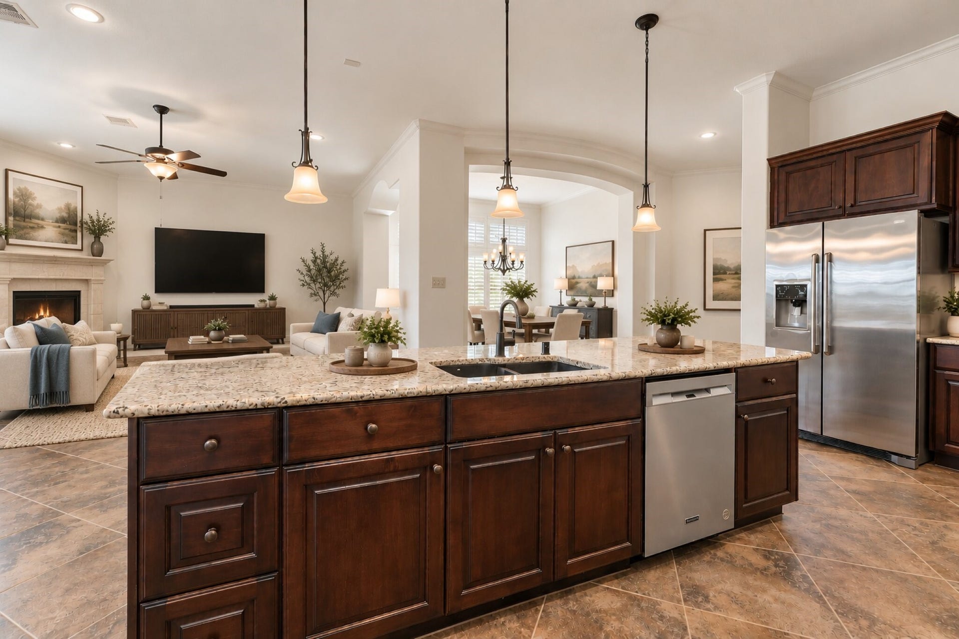 Virtually staged open concept kitchen, living room and formal dining room