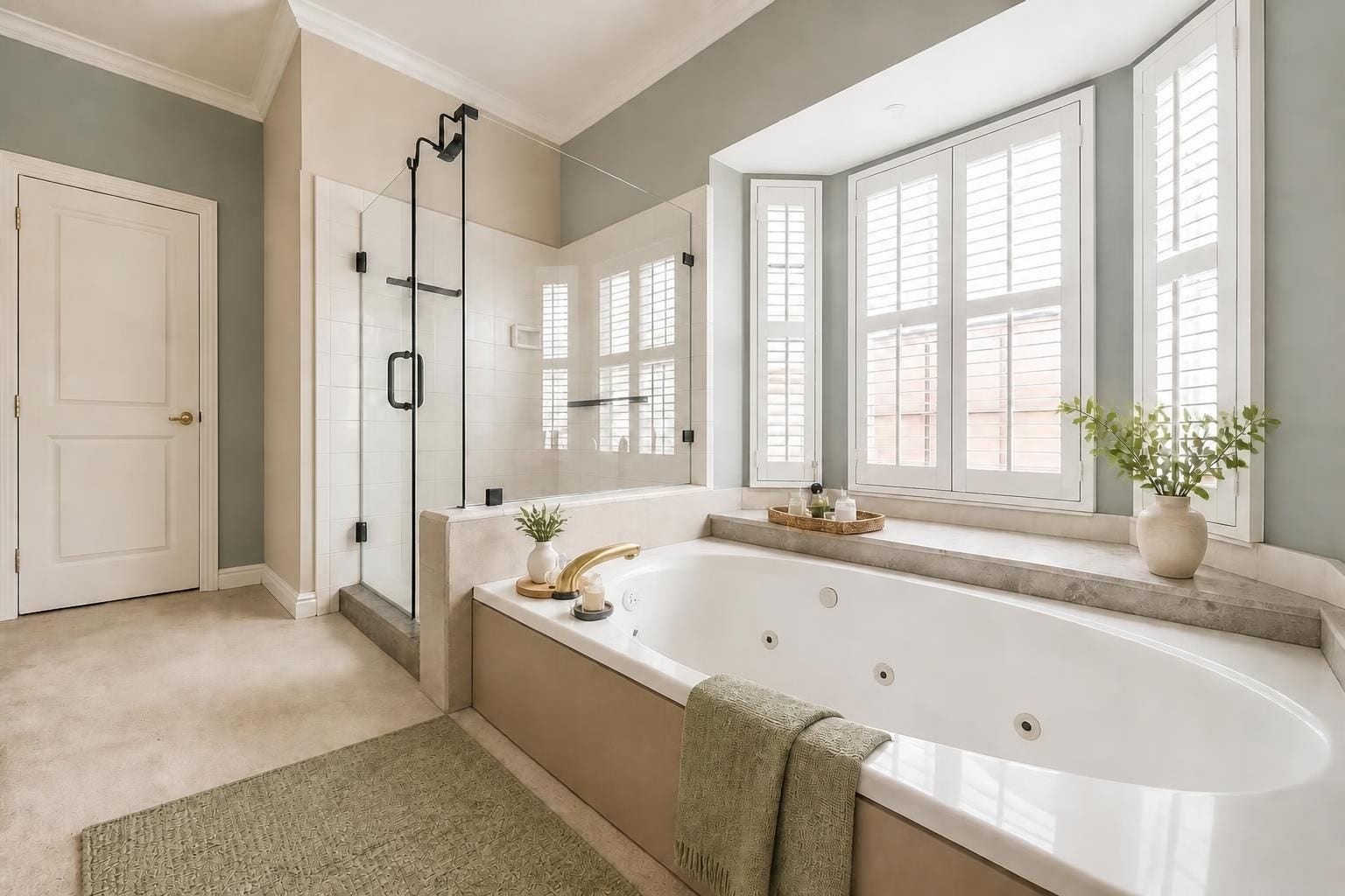 4907 Cambridge Street, Sugar Land, TX 77479 The primary bathroom has a jetted, soaking tub and full size glass paneled shower. The windows add an extra elegance to the design. Virtually remodeled.