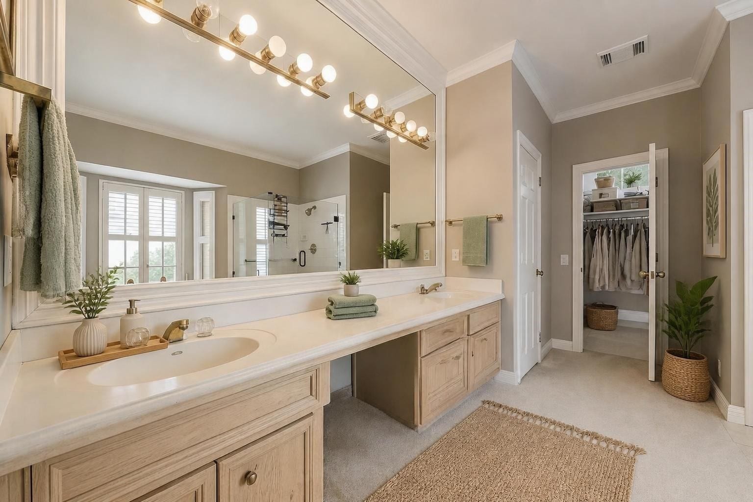 4907 Cambridge Street, Sugar Land, TX 77479 The en-suite primary bath has double sinks, a seated vanity and large tub with a separate shower. Virtually remodeled.