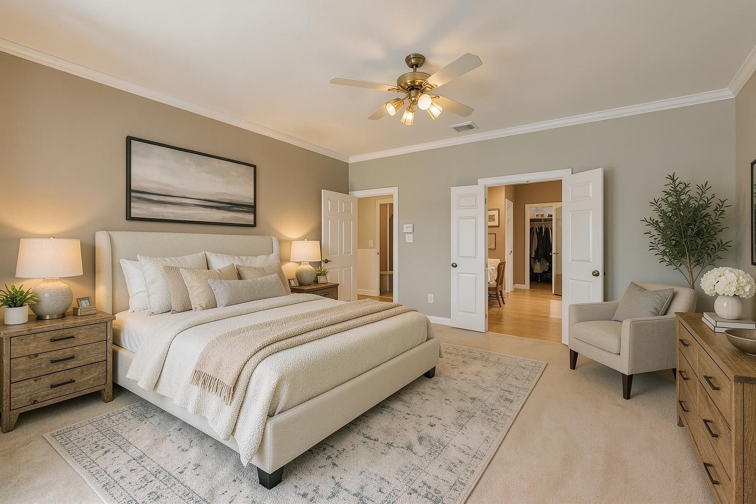 4907 Cambridge Street, Sugar Land, TX 77479 The primary bedroom has carpet flooring and French doors leading to the en-suite bath. Virtually remodeled.