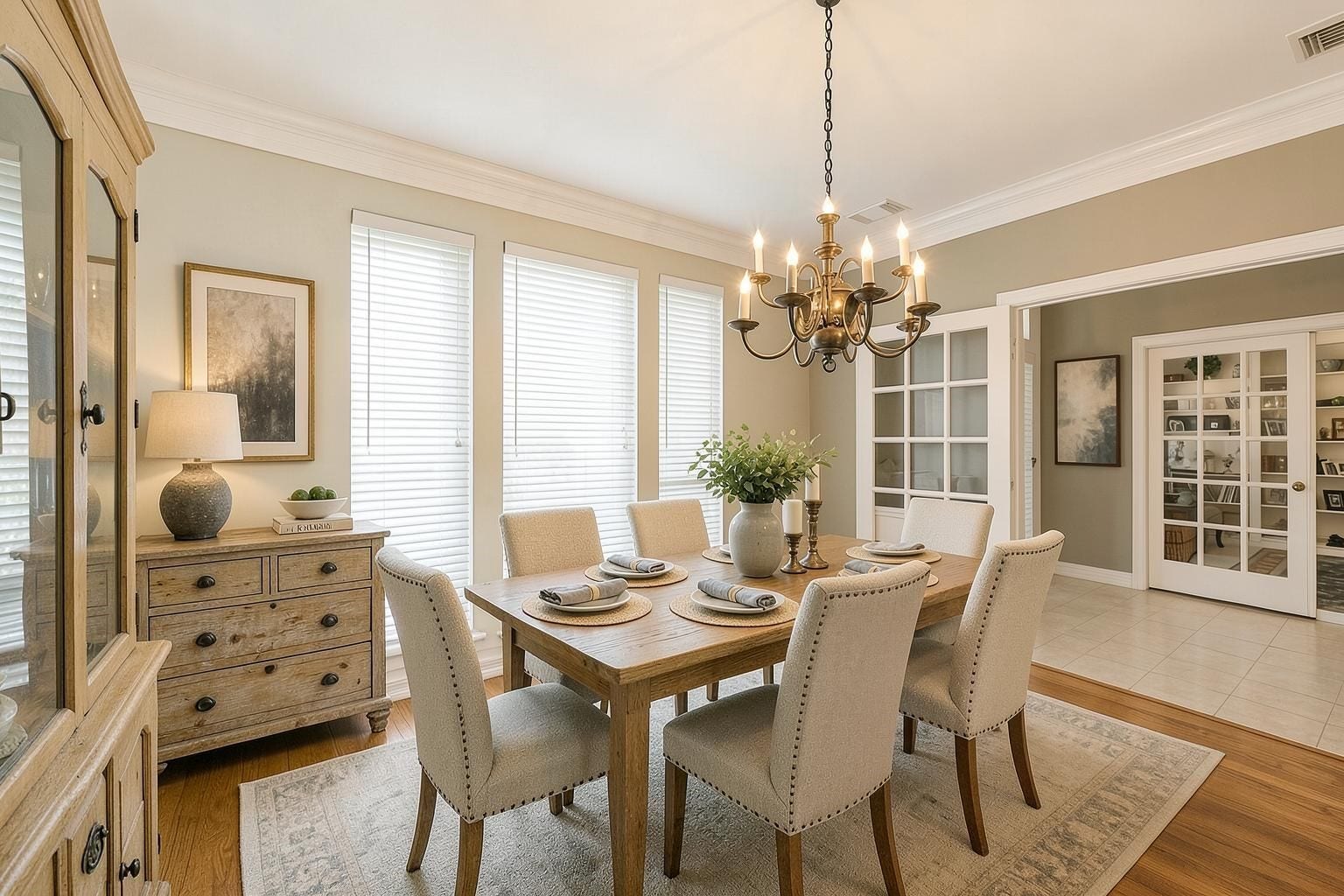 4907 Cambridge Street, Sugar Land, TX 77479 The formal dining room with French doors adds an elevated space for dining. Virtually remodeled.