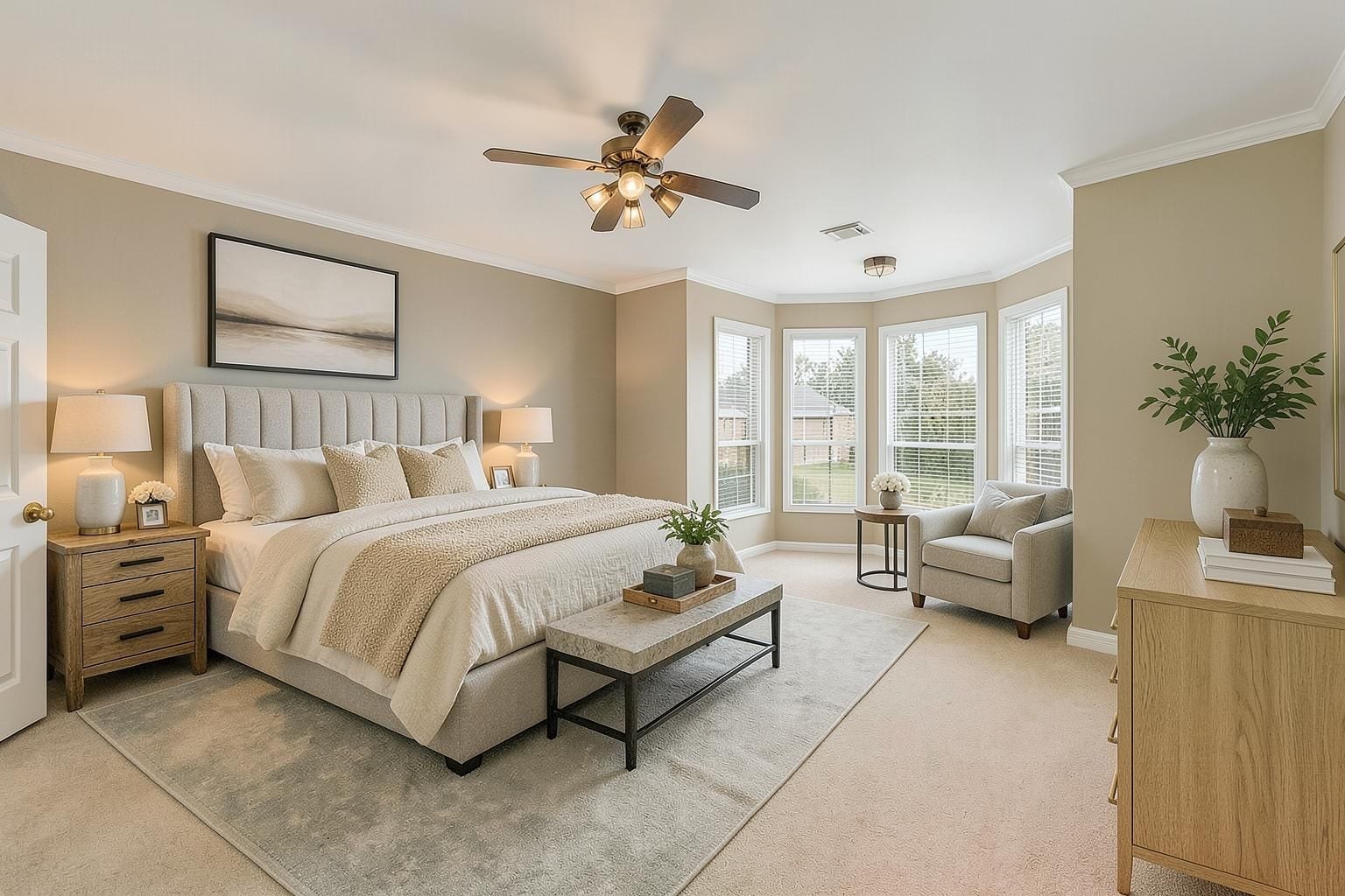 4907 Cambridge Street, Sugar Land, TX 77479 The primary bedroom on the first floor offers a beautiful bay window nook for natural lighting and space. Virtually remodeled.