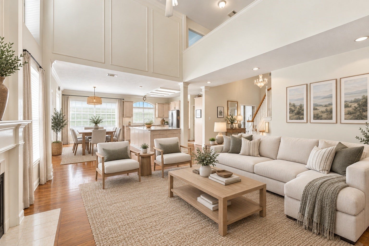 4907 Cambridge Street, Sugar Land, TX 77479 The open concept living area has soaring ceilings and a fireplace making it the perfect entertaining space. Virtually staged.