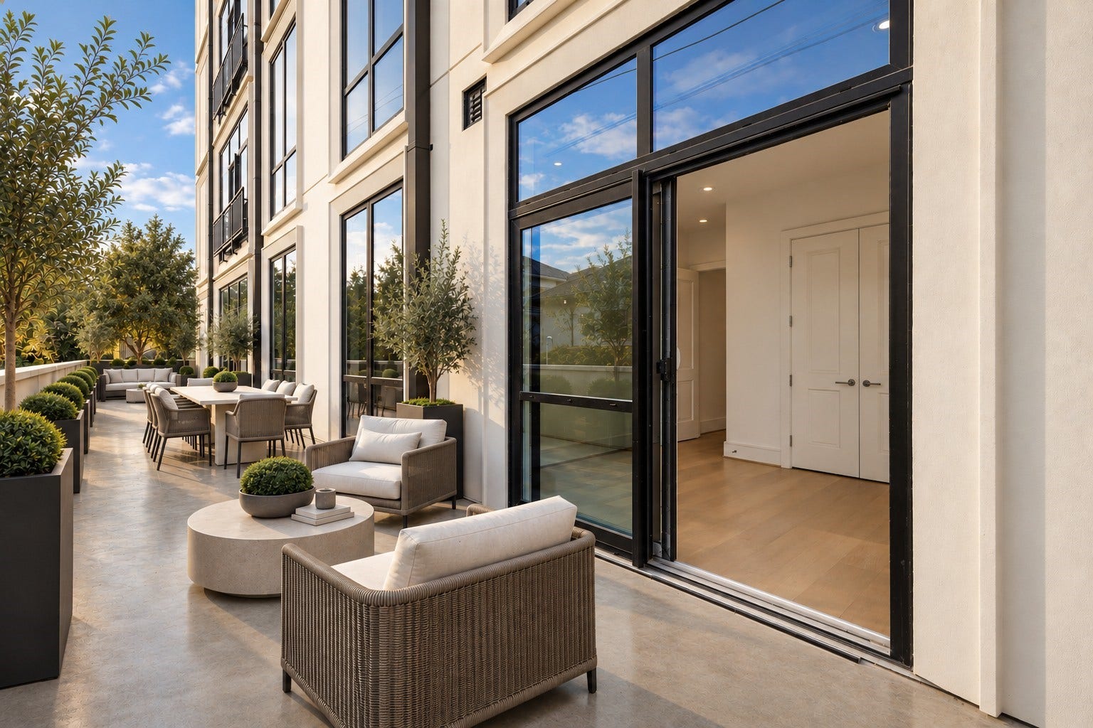 5010 Longmont Drive, #PH-2, Houston, TX 77056 PH-2 Uncovered Terrace with 6 sliding doors around the perimeter of the Residence.