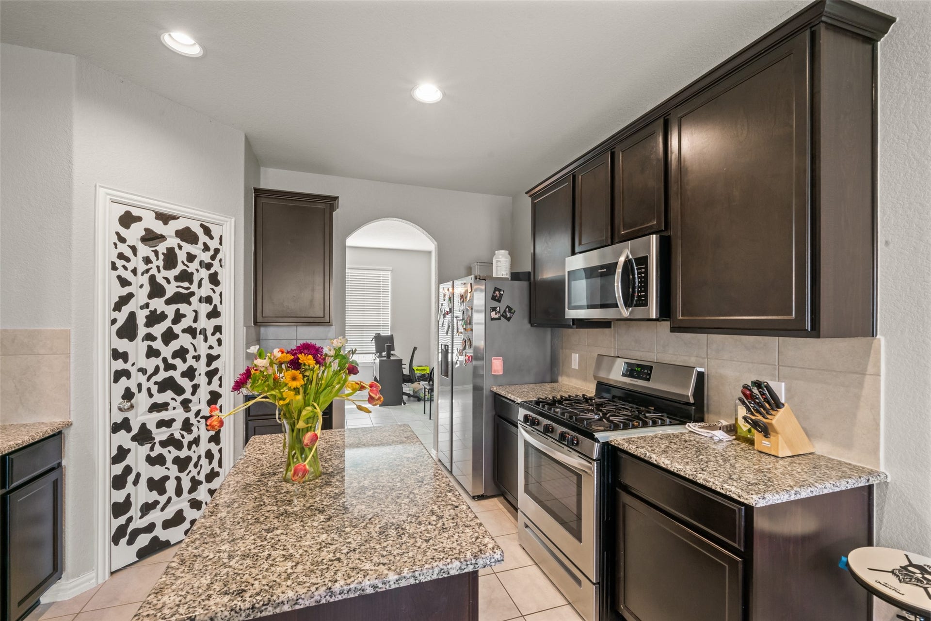 4509 Whitehaven Pine Way, Rosharon, TX 77583 Modern kitchen with sleek dark cabinetry, granite countertops, and stainless steel appliances. A unique cow-print pantry door adds a fun touch, while a central island provides extra workspace.