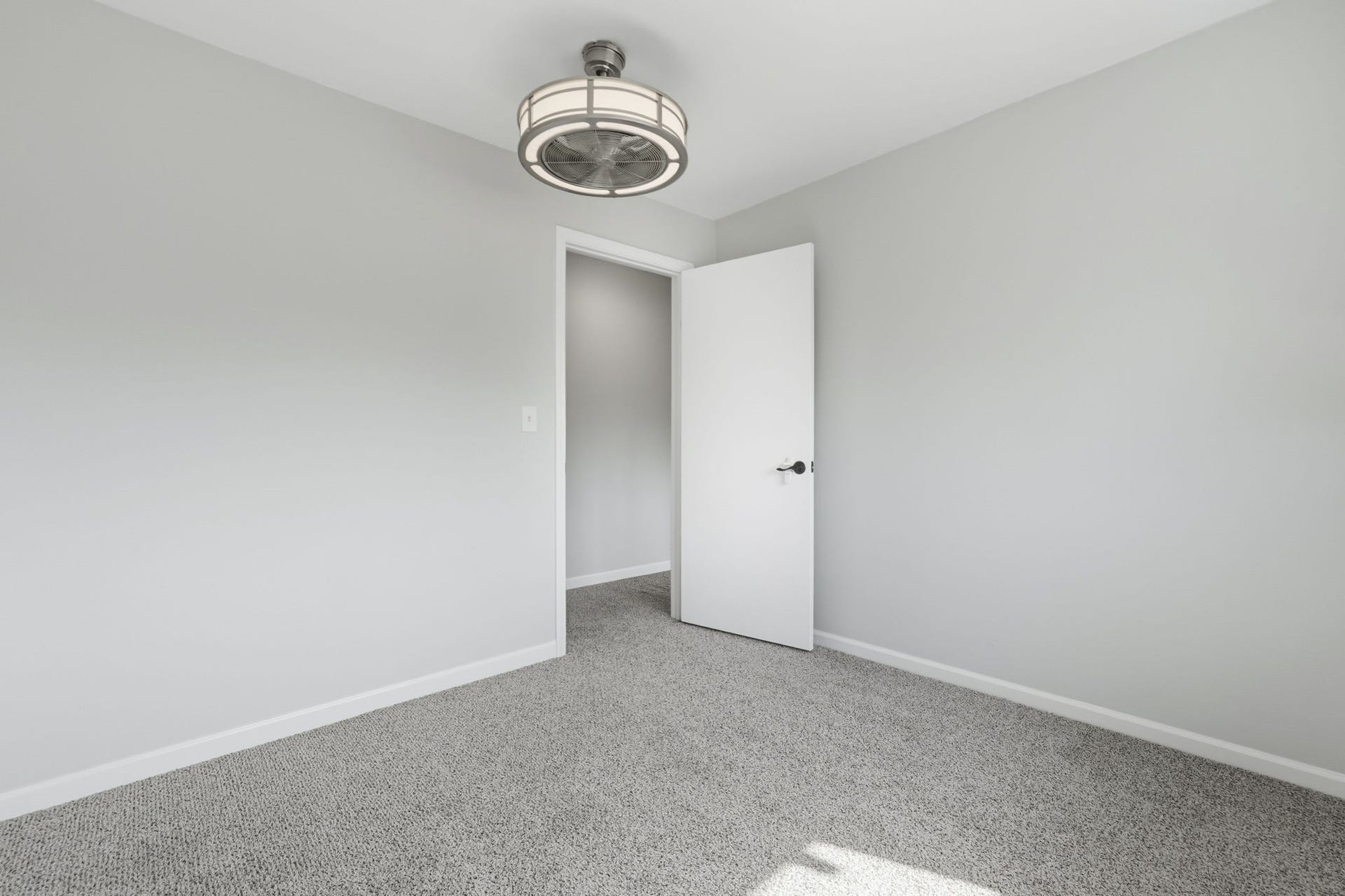 The room has fresh gray walls, plush carpeting, and a modern ceiling light.