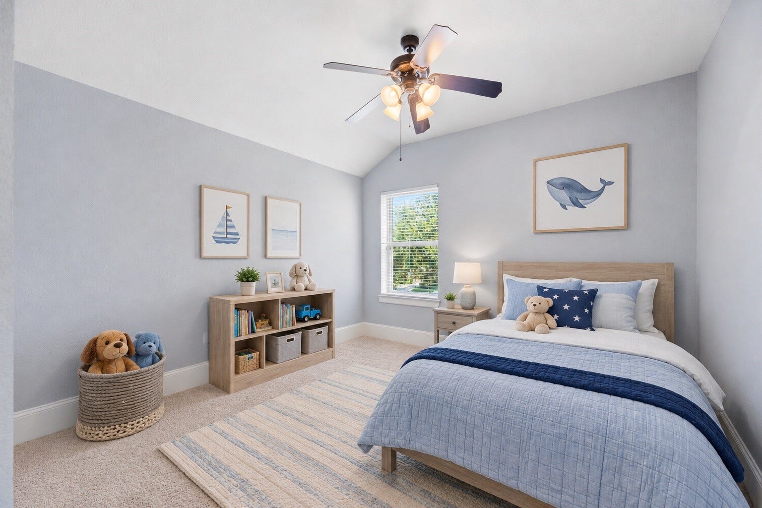 6115 Duke Trail Lane, Sugar Land, TX 77479 *virtually staged* secondary bedroom complete with a walk-in closet, ceiling fan, plush carpet.