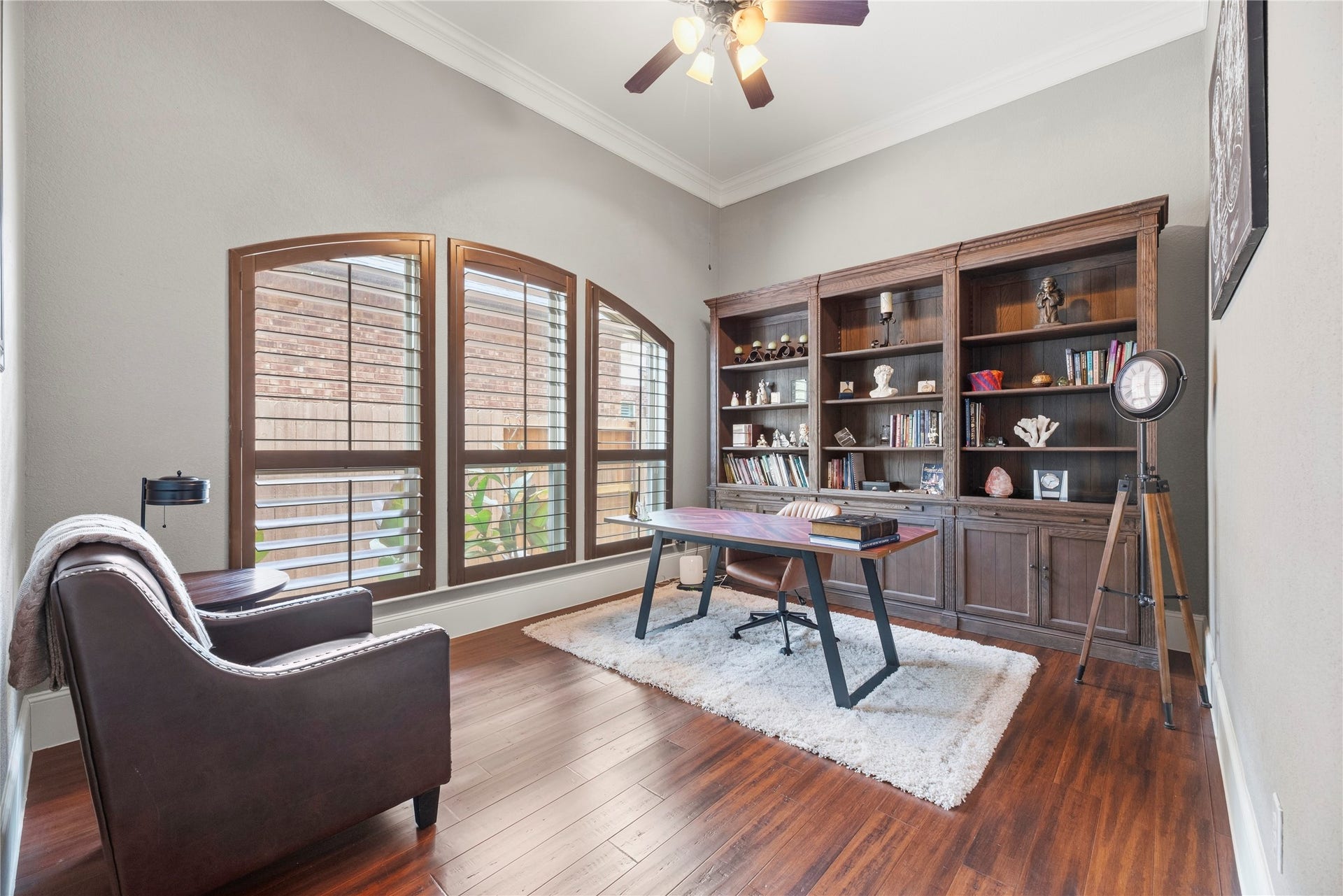6115 Duke Trail Lane, Sugar Land, TX 77479 Beautiful home office complete with engineered wood floors, crown molding, and plantation shutters.