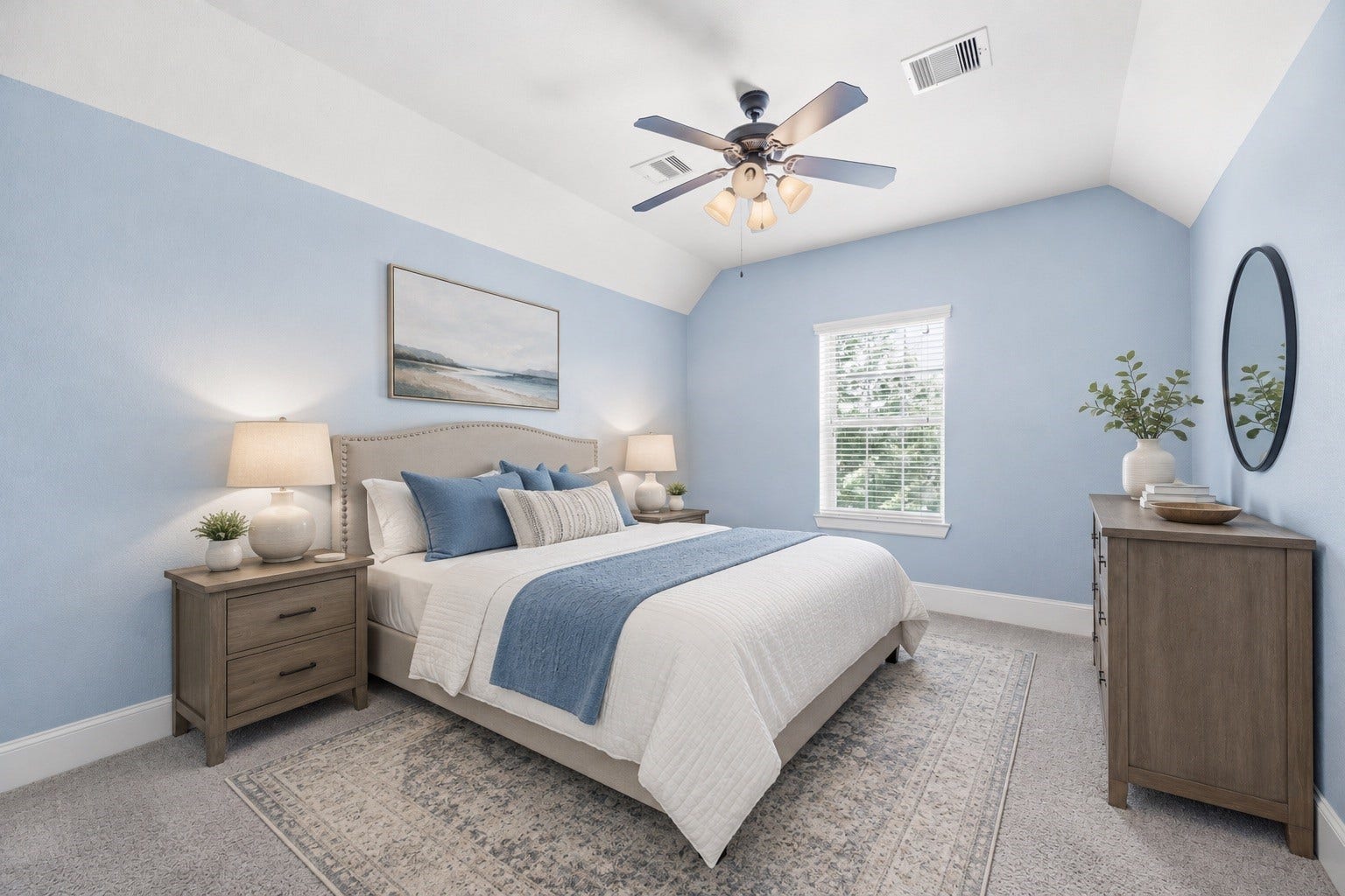 6115 Duke Trail Lane, Sugar Land, TX 77479 *virtually staged* Generously sized secondary bedroom suite with plush carpet, ceiling fan and walk-in closet.