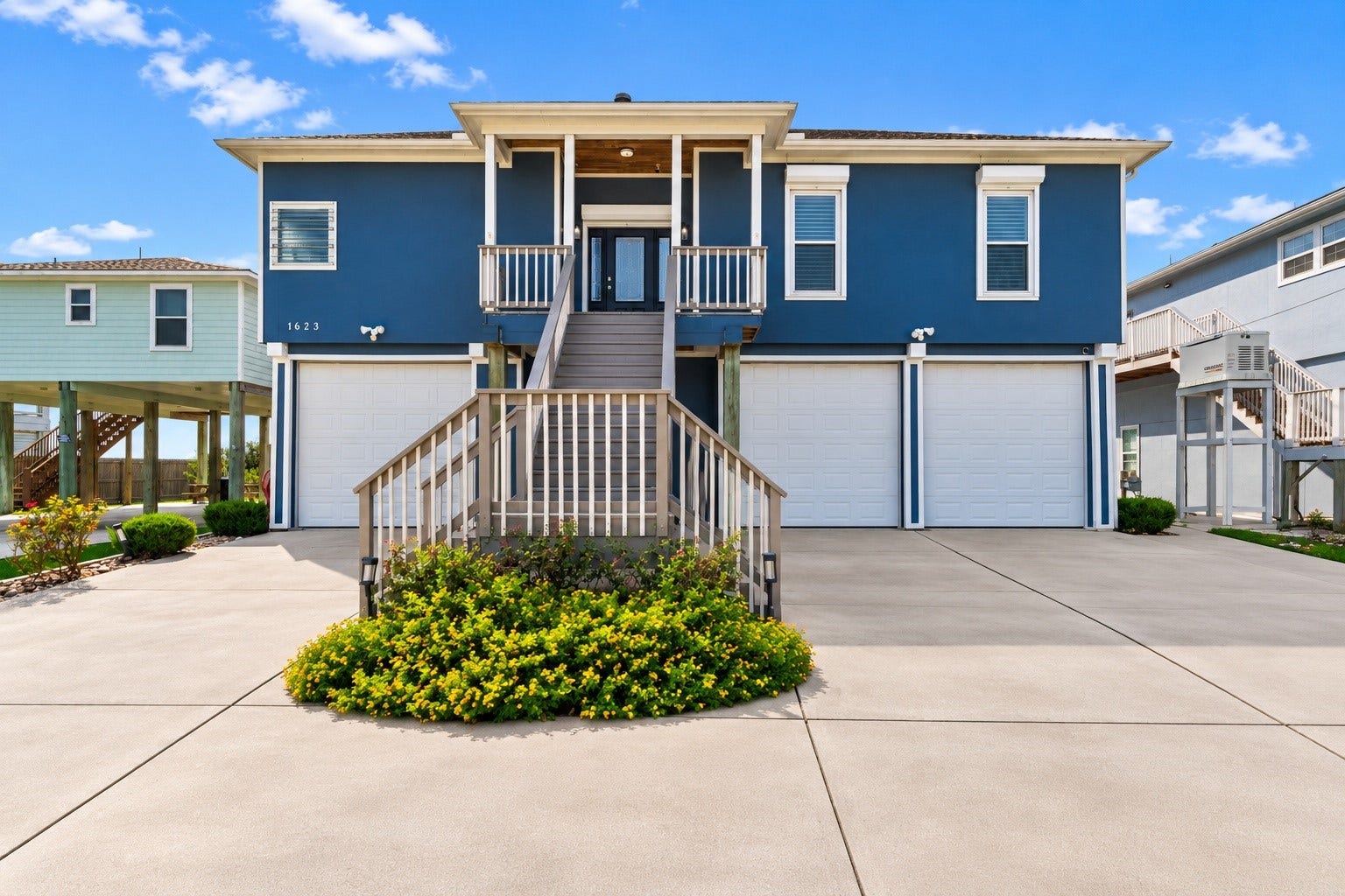 1623 Dick Bay Drive, San Leon, TX 77539 Welcome to 1623 Dick Bay Drive, Dickinson, Texas, 77539! A welcoming elevated coastal home with a spacious driveway, oversized garage, and beautifully maintained landscaping. Soft exterior lighting creates an inviting first impression.