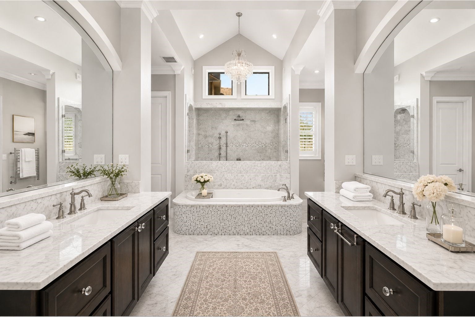 Fabulous master spa retreat bathroom with dual floating vanities, dual sinks, nickel hardware, marble counters, BainUltra hydro-thermo jetted soaking tub wrapped in mosaic tile and frame by marble surrounds, Totorest washet bidet. Note there are HIS/HERS closets (one is not pictured)