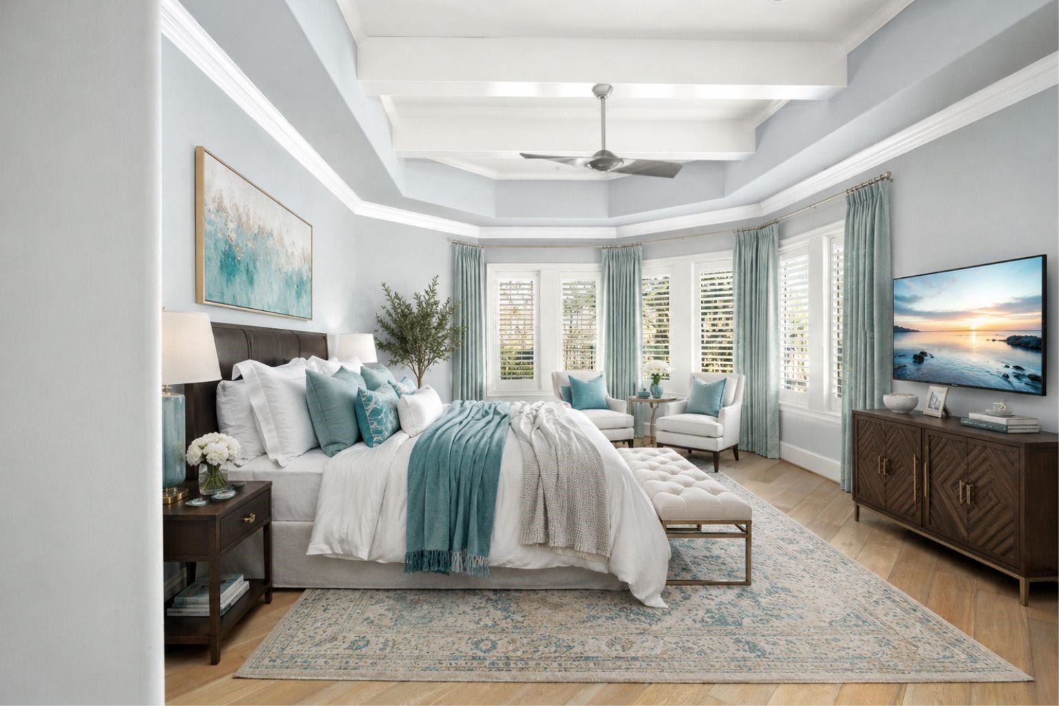 First floor oversized primary retreat with wall of windows to the beautiful pool, backyard, no rear neighbor wooded area.  Exterior door to the pool.